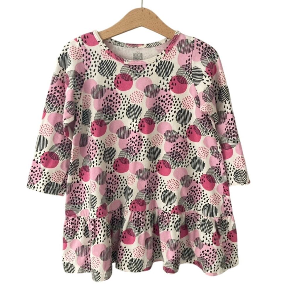 Winter Water Factory Modern Dots Long Sleeve Dress Tunic - Pink Black - 4T